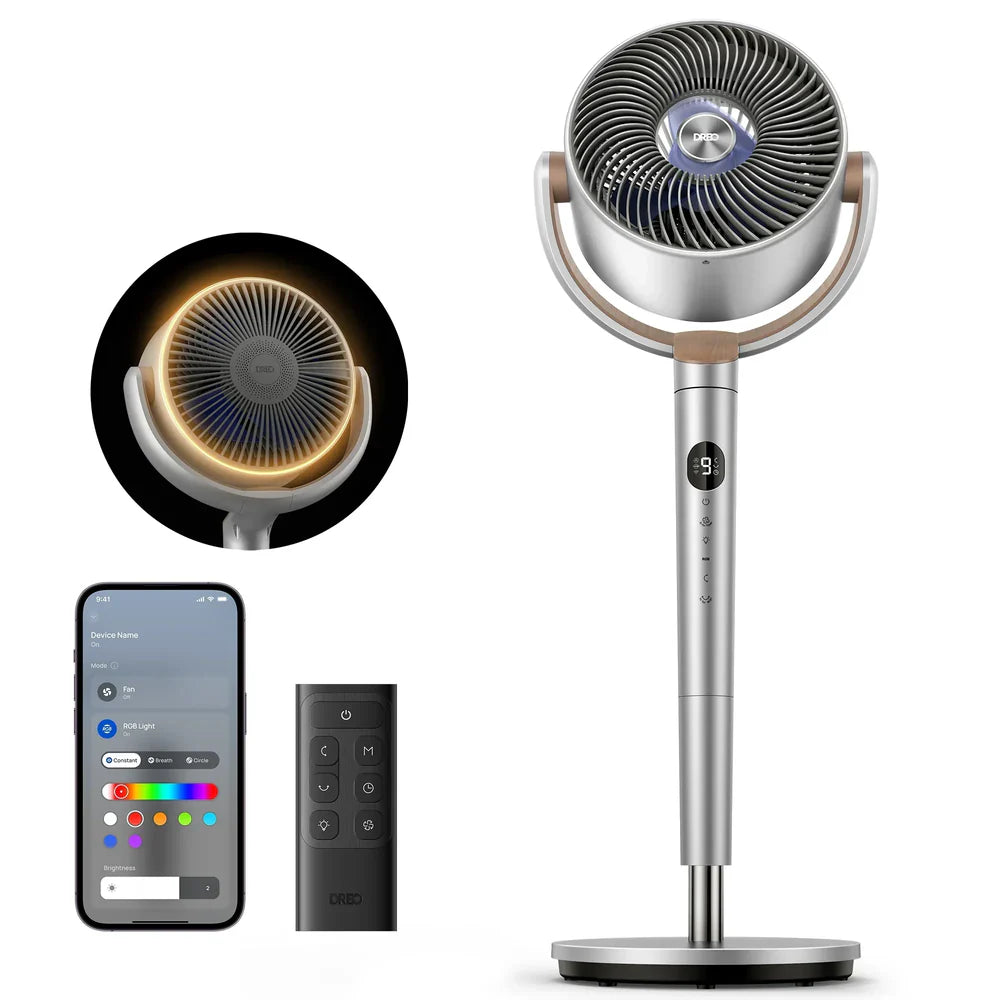 20dB Quiet Smart Pedestal Fan with Remote, 3D Oscillation, 9 Speeds, RGB Light & Adjustable Height