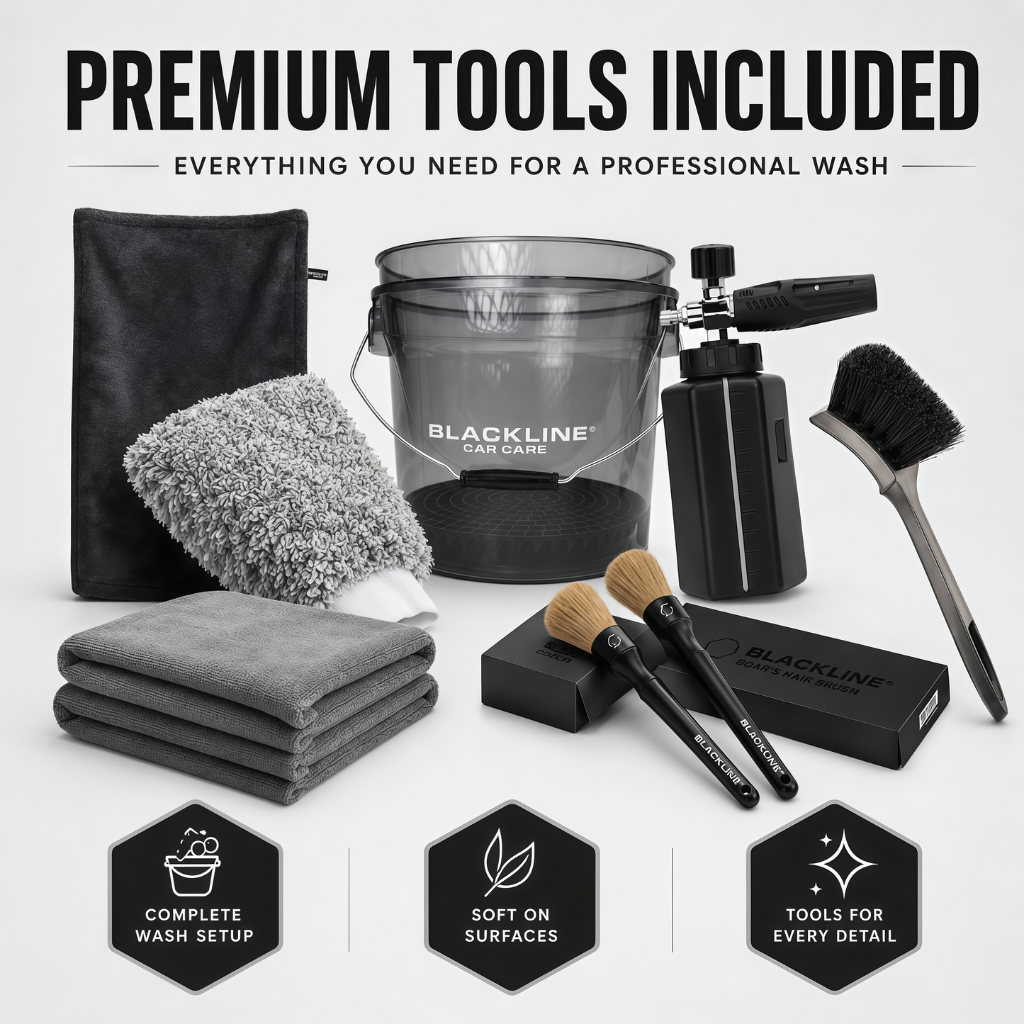 BLACKOUT KIT All-in-One Car Wash Kit for Home Detailing with Foam Cannon, Bucket, Wheel Cleaner, Tire Shine, Glass Cleaner, Towels & Brushes