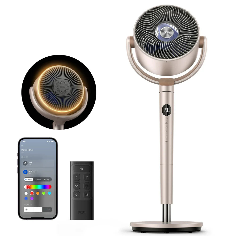 20dB Quiet Smart Pedestal Fan with Remote, 3D Oscillation, 9 Speeds, RGB Light & Adjustable Height