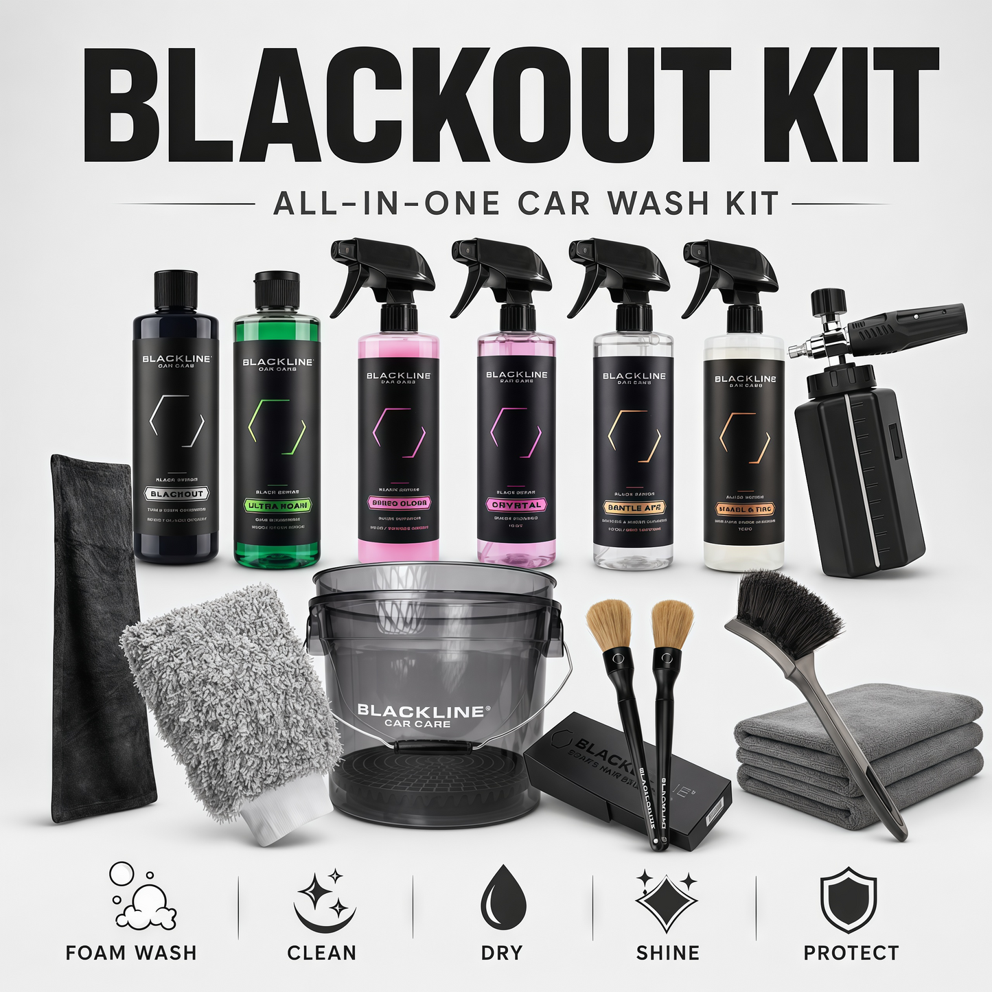 BLACKOUT KIT All-in-One Car Wash Kit for Home Detailing with Foam Cannon, Bucket, Wheel Cleaner, Tire Shine, Glass Cleaner, Towels & Brushes